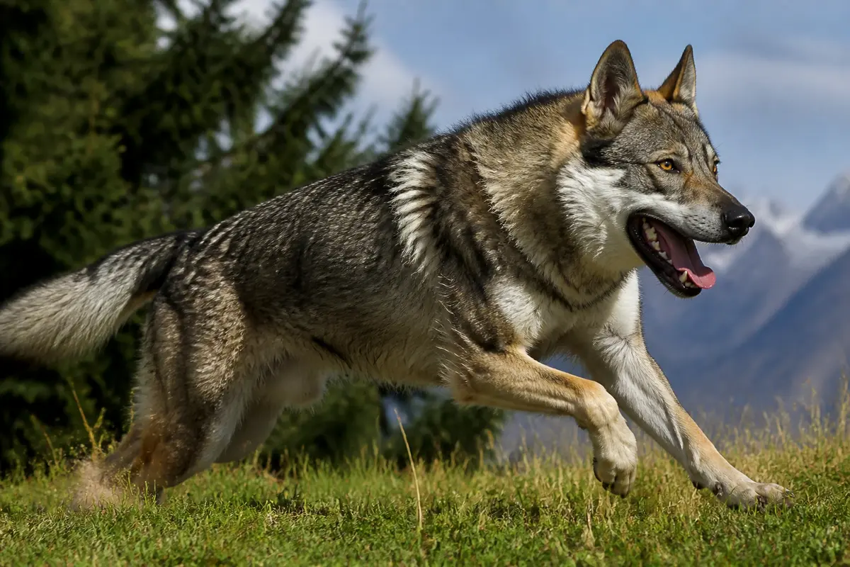 Chien loup tchécoslovaque courant dans un paysage de montagne verdoyant et ensoleillé