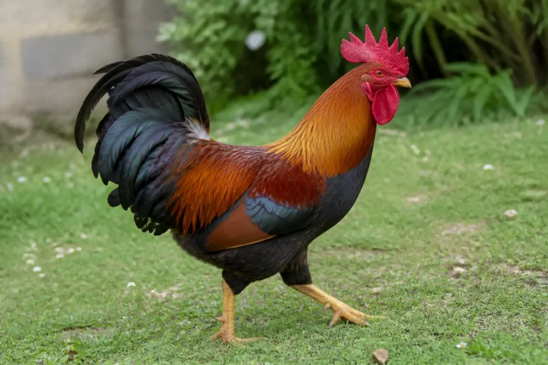 Coq majestueux marchant sur l'herbe pour apprendre à dessiner un coq facilement