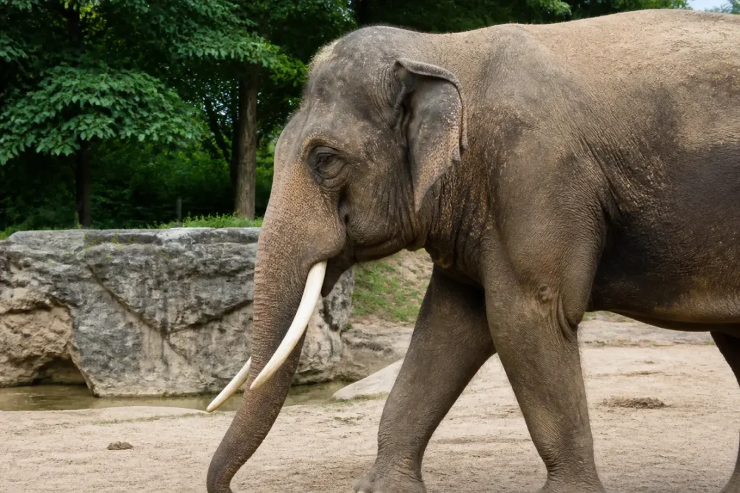 Éléphant d'Asie marchant dans un enclos avec rochers et végétation verdoyante.