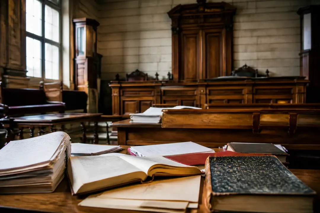 Salle d'audience avec livres ouverts, moduses judiciaires sur les pupitres en bois sculpté
