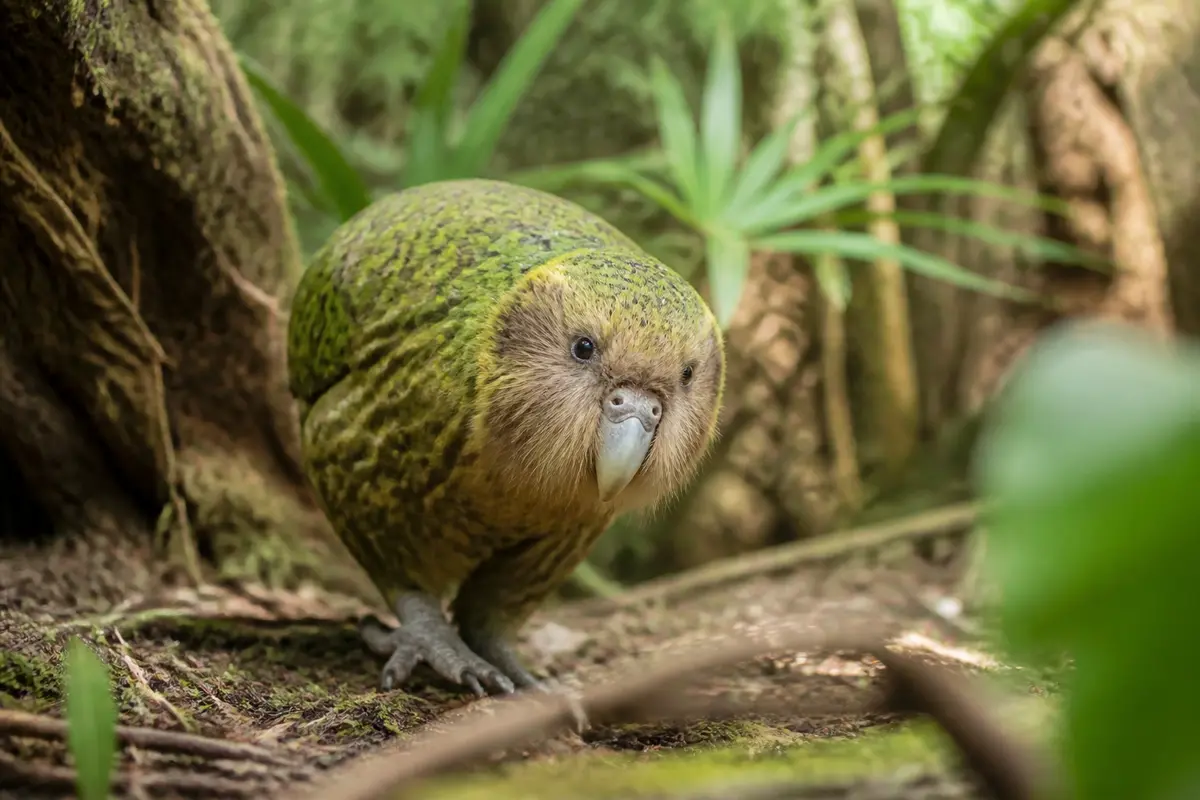 Kakapo dans son habitat naturel, forêt luxuriante, feuillage vert et sol mousseux visibles